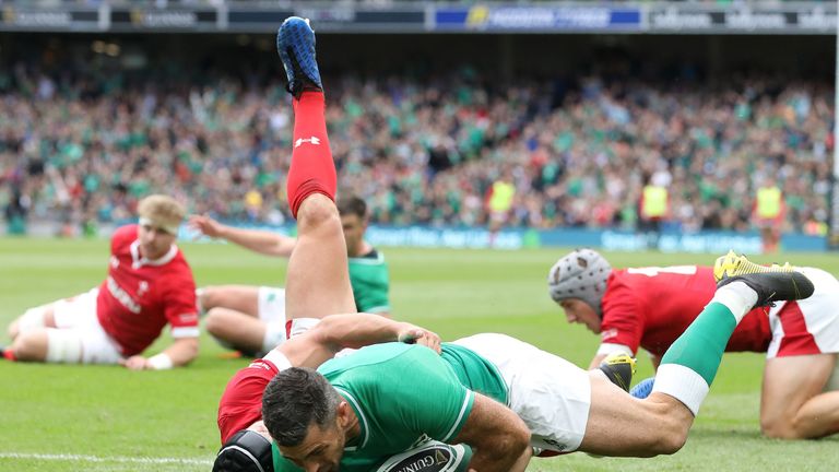 Ireland full-back Rob Kearney scoring a try against Wales in their final warm-up for the 2019 Rugby World Cup in Japan