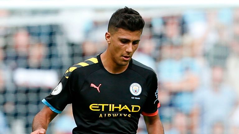 Rodri controls the ball during the English Premier League football match between West Ham United and Manchester City at The London Stadium, in east London on August 10, 2019