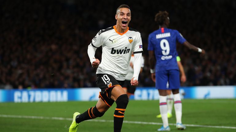 Rodrigo Moreno of Valencia celebrates as he scores his team's first goal during the UEFA Champions League group H match between Chelsea FC and Valencia CF at Stamford Bridge