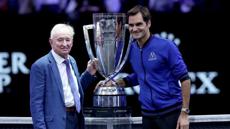 Team Europe Roger Federer of Switzerland and former tennis player Rod Laver of Australia pose with the trophy after winning the Laver Cup on day three of the 2018 Laver Cup at the United Center on September 23, 2018 in Chicago, Illinois.