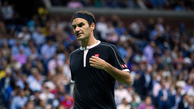 Roger Federer of Switzerland in between points during his Men's Singles quarterfinals match against Grigor Dimitrov of Bulgaria on day nine of the 2019 US Open at the USTA Billie Jean King national Tennis Center on September 03, 2019 in Queens borough of New York City