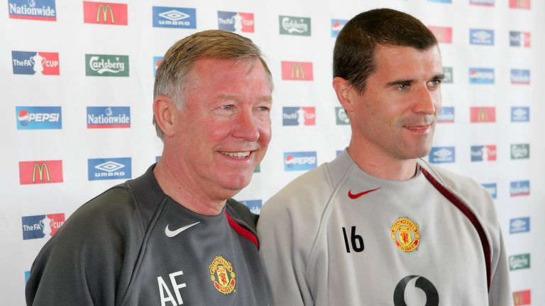 Sir Alex Ferguson and Roy Keane of Manchester United pose before a press conference ahead of the FA Cup Final at Carrington Training Ground on May 18, 2005 in Manchester, England