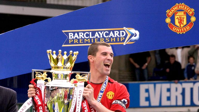 Captain Roy Keane receives the Barclaycard Premiership trophy               ..Everton v Manchester United, Goodison Park, Liverpool 11/05/2003, Barclaycard Premiership