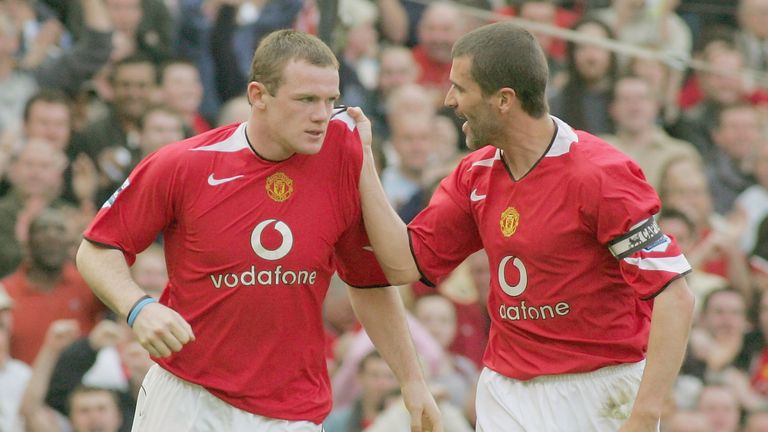 MANCHESTER, ENGLAND - APRIL 24: Wayne Rooney United celebrates scoring the second goal during the Barclays Premiership match between Manchester United and Newcastle United at Old Trafford on April 24 2005 in Manchester, England. (Photo by Tom Purslow/Manchester United via Getty Images) *** Local Caption *** Wayne Rooney;Roy Keane