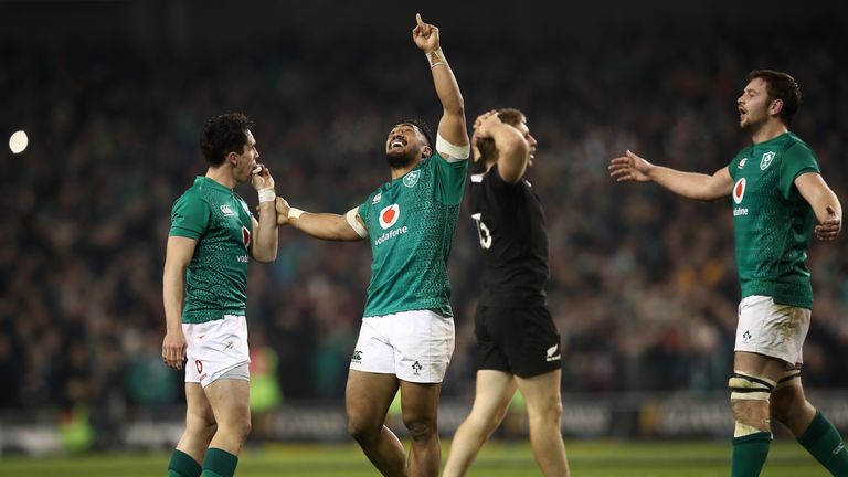 Bundee Aki celebrates after Ireland's win over New Zealand in November 2018