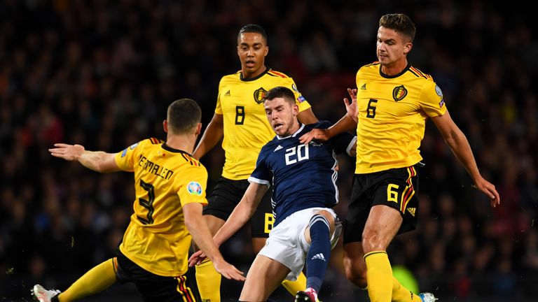 Scotland's Ryan Christie and Thomas Vermaelen during a UEFA Euro 2020 qualifier between Scotland and Belgium,