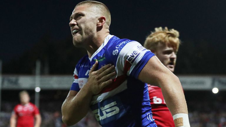 Picture by Oskar Vierod/SWpix.com - 13/09/2019 - Rugby League - Betfred Super League - Wakefield Trinity v London Broncos - The Mobile Rocket Stadium, Wakefield, England - Wakefield Trinity&#39;s Ryan Hampshire celebrates scoring the 1st try