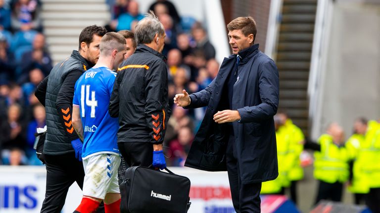 GLASGOW, SCOTLAND - SEPTEMBER 14: Ryan Kent goes off injured during the Ladbrokes Premiership match between Rangers and Livingston at Ibrox Stadium on September 14, 2019 in Glasgow, Scotland. (Photo by Alan Harvey / SNS Group)