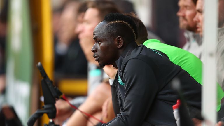 Sadio Mane of Liverpool sits on the bench alert being substituted during the Premier League match between Burnley FC and Liverpool FC at Turf Moor on August 31, 2019 in Burnley, United Kingdom. 