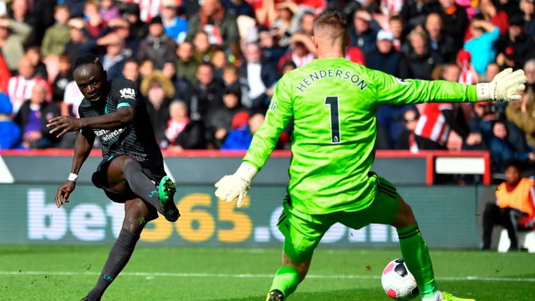 Sadio Mane shoots and hits the post at Bramall Lane