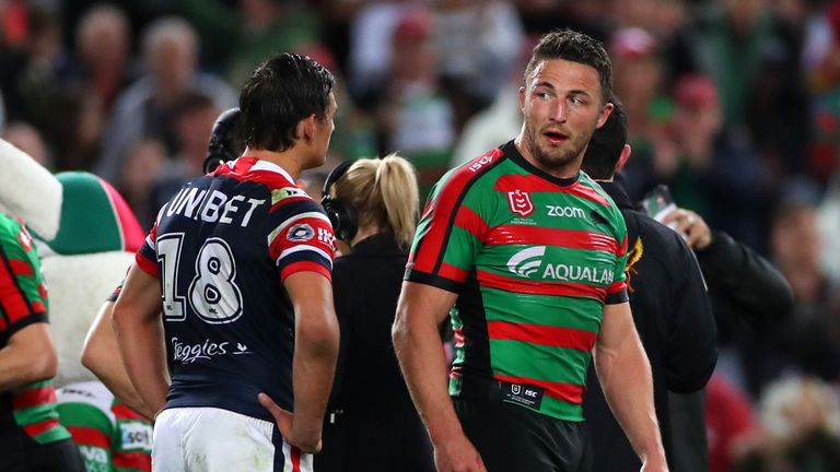 SYDNEY, AUSTRALIA - SEPTEMBER 05: Sam Burgess of the Rabbitohs exchanges words with Billy Smith of the Roosters during the round 25 NRL match between the South Sydney Rabbitohs and the Sydney Roosters at ANZ Stadium on September 05, 2019 in Sydney, Australia. (Photo by Cameron Spencer/Getty Images)