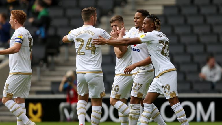Sam Nombe celebrates his goal with MK Dons team-mates against AFC Wimbledon
