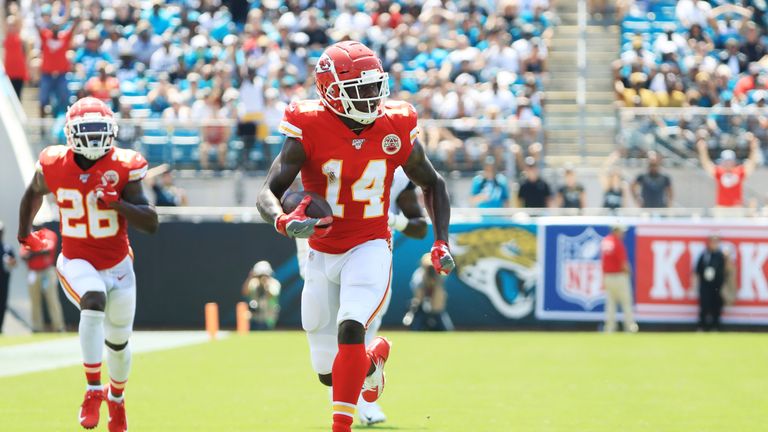 Wide receiver Sammy Watkins of the Kansas City Chiefs runs a pass reception in for a touchdown against the Jacksonville Jaguars