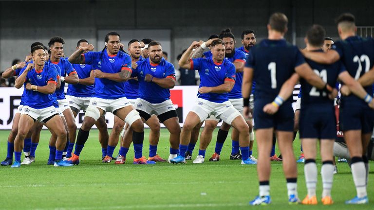 Samoa perform the Siva Tau before their Rugby World Cup Pool A clash in Kobe