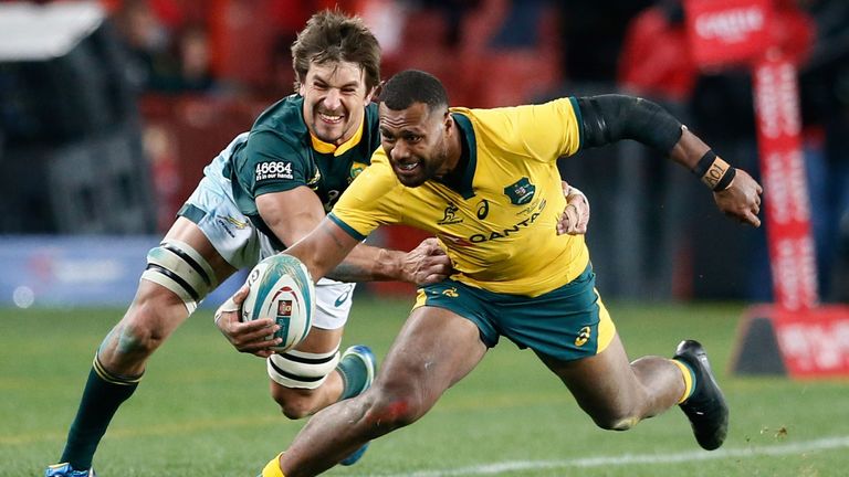 South Africa's captain Eben Etzebeth (L) tackles Australia's Samu Kerevi (R) during the 2019 Rugby Championship match between South Africa and Australia, at the Emirates Airline Park in Johannesburg, on July 20, 2019. (Photo by PHILL MAGAKOE / AFP) (Photo credit should read PHILL MAGAKOE/AFP/Getty Images)