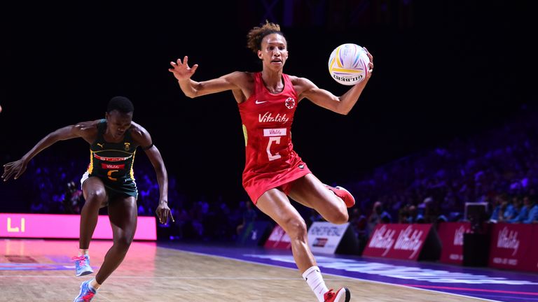 Serena Guthrie in action at the Netball World Cup against South Africa