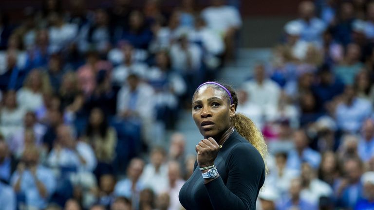 Serena Williams of the United States celebrates her Women's quarterfinals match against Qiang Wang of China on day nine of the 2019 US Open at the USTA Billie Jean King National Tennis Center on September 03, 2019 in Queens borough of New York City. (