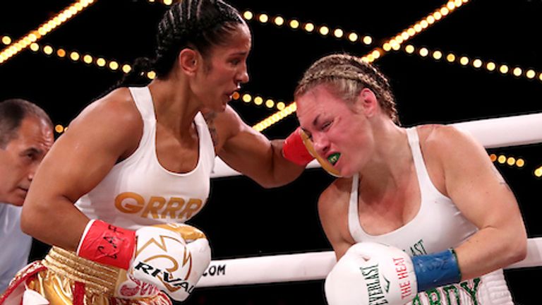 September 13, 2019; New York, NY, USA; WBO featherweight champion Heather Hardy and Amanda Serrano during their bout at the Hulu Theater at Madison Square Garden. Mandatory Credit: Ed Mulholland/Matchroom Boxing USA