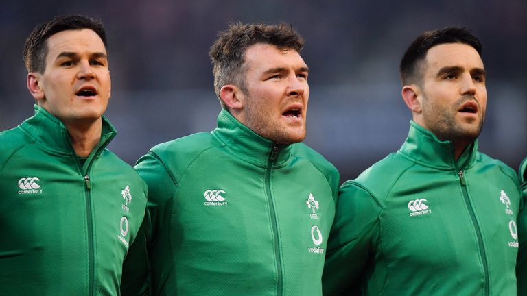 2 February 2019; Ireland players, from left, Jonathan Sexton, Peter O...Mahony and Conor Murray during the national anthem prior to the Guinness Six Nations Rugby Championship match between Ireland and England in the Aviva Stadium in Dublin. Photo by Brendan Moran/Sportsfile
