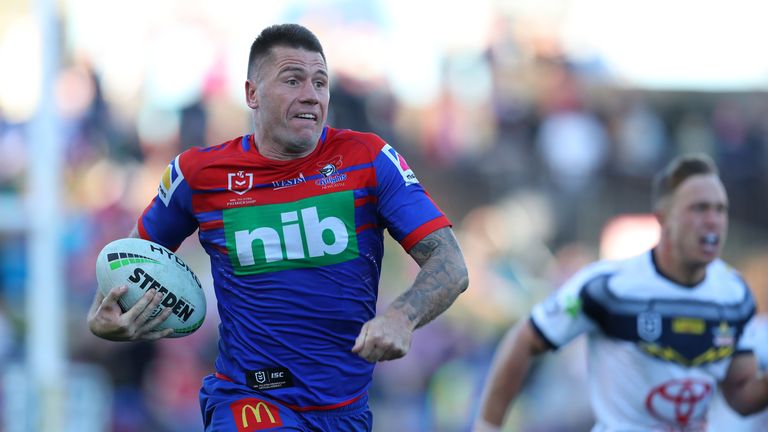 NEWCASTLE, AUSTRALIA - AUGUST 17: Shaun Kenny-Dowall of the Newcastle Knights makes a break with the ball during the round 22 NRL match between the Newcastle Knights and the North Queensland Cowboys at McDonald Jones Stadium on August 17, 2019 in Newcastle, Australia. (Photo by Tony Feder/Getty Images)