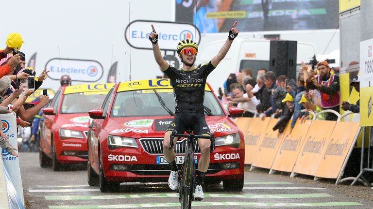 Simon Yates celebrates his stage 15 win at the 2019 Tour de France