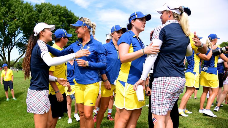 during the final day singles matches of the Solheim Cup at the Des Moines Golf and Country Club on August 20, 2017 in West Des Moines, Iowa.
