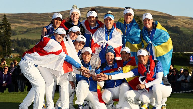 Team Europe celebrate winning the Solheim Cup during the final day singles matches of the Solheim Cup at Gleneagles on September 15, 2019 in Auchterarder, Scotland. 