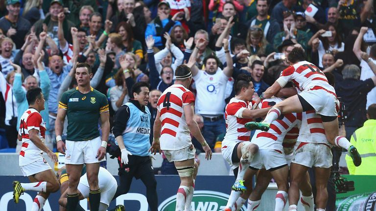 BRIGHTON, ENGLAND - SEPTEMBER 19: Karne Hesketh of Japan (unseen) celebrates scoring the winning try during the 2015 Rugby World Cup Pool B match between South Africa and Japan at the Brighton Community Stadium on September 19, 2015 in Brighton, United Kingdom. (Photo by Charlie Crowhurst/Getty Images)