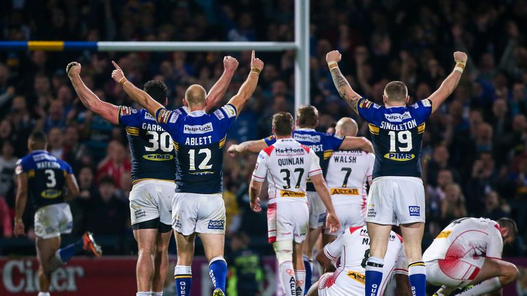 Picture by Alex Whitehead/SWpix.com - 02/10/2015 - Rugby League - First Utility Super League - Leeds Rhinos v St Helens - Headingley Carnegie Stadium, Leeds, England - Leeds players celebrate Kallum Watkins' late try.