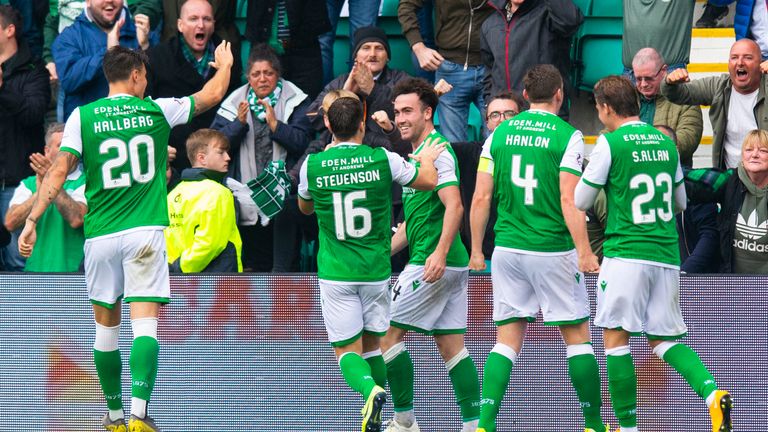 Stephen Mallan celebra después de anotar para poner el 1-0 a Hibs