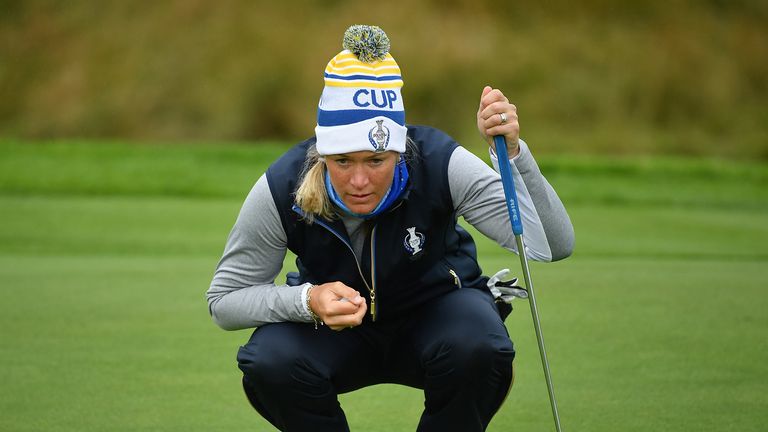 Suzann Pettersen of Team Europe ponders a shot during a practice round prior to the start of The Solheim Cup at Gleneagles on September 11, 2019 in Auchterarder, Scotland.