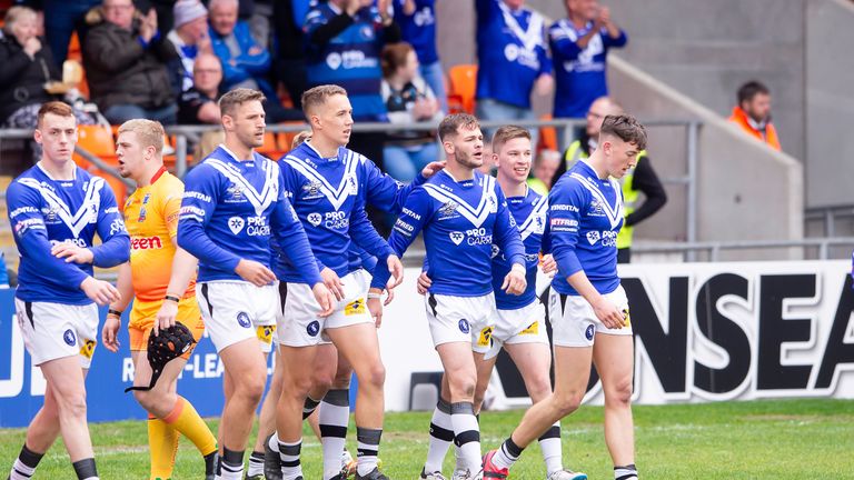 Picture by Allan McKenzie/SWpix.com - 18/05/2019 - Rugby League - Betfred Championship Summer Bash 2019 - Rochdale Hornets v Swinton Lions - Bloomfield Road, Blackpool, England - Swinton's Michael Butt celebrates scoring a try against Rochdale.