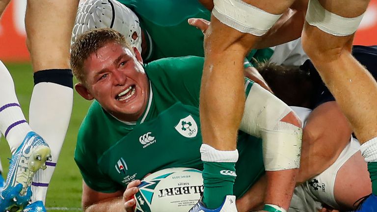  Tadhg Furlong celebrating his try for Ireland against Scotland at Rugby World Cup 2019