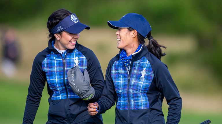 Team Europe's Celine Boutier (R) celebrates with Georgia Hall during the first day of the 2019 Solheim Cup