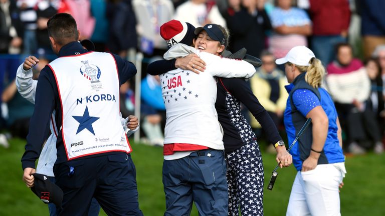 Team USA's Nelly Korda (second right) celebrates with Team USA captain Juli Inkster after winning the Singles match on day three of the 2019 Solheim Cup at Gleneagles Golf Club, Auchterarder.