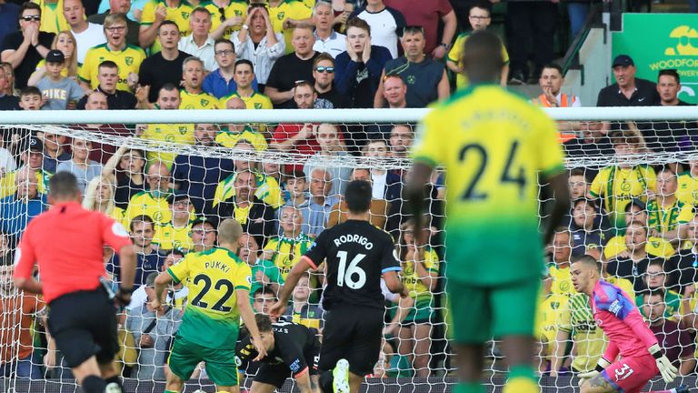 Teemu Pukki sets himself before scoring Norwich's third goal