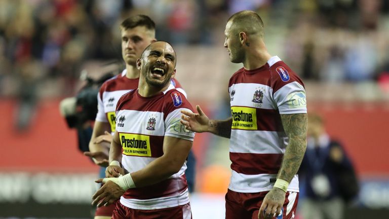 Picture by Oskar Vierod/SWpix.com - 20/09/2019 - Rugby League - Betfred Super League Qualifying Final - Wigan Warriors v Salford Red Devils - DW Stadium, Wigan, England - Thomas Leuluai of Wigan Warriors celebrates at full time with Zak Hardaker 