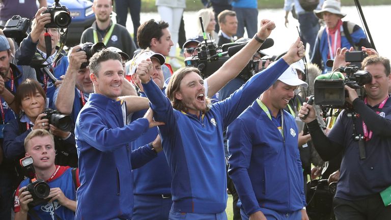 during the final day singles matches of the 2018 Ryder Cup at Le Golf National on September 30, 2018 in Paris, France.
