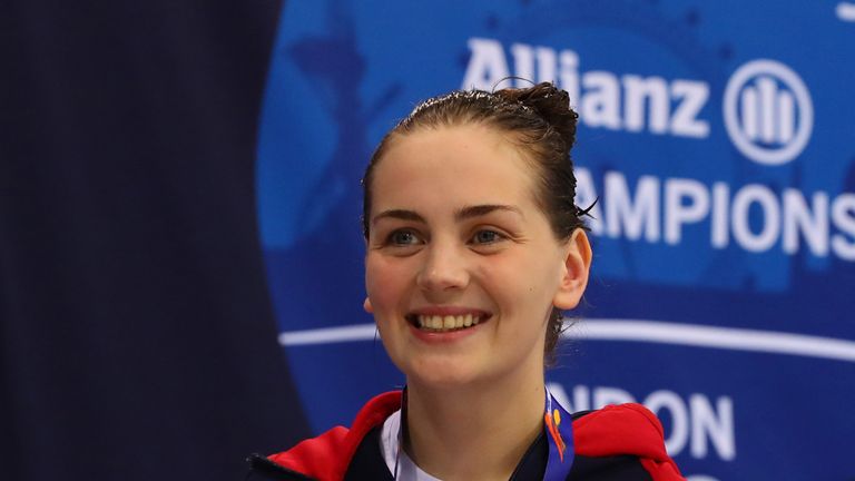 Tully Kearney of Great Britain with her gold medal after winning the Women's 200m Freestyle S5 Final on Day Two of the London 2019 World Para-swimming Allianz Championships at Aquatics Centre on September 10, 2019 in London, England. 