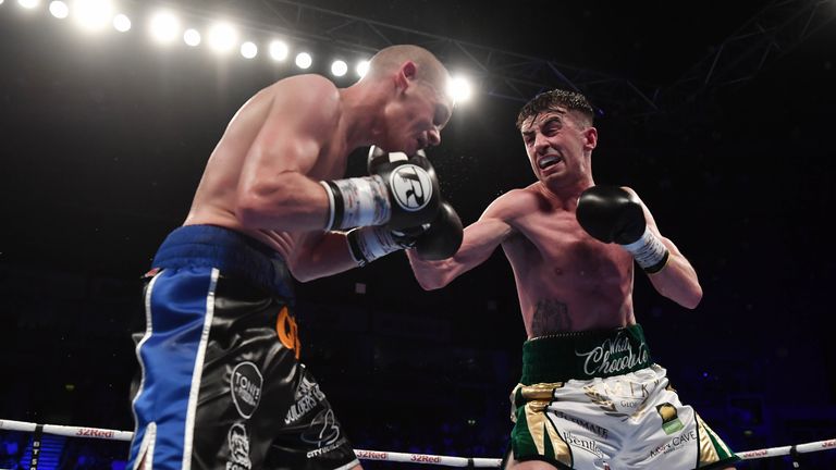 BELFAST, NORTHERN IRELAND - JUNE 30: Tyrone McCullagh and Joe Ham during their vacant Celtic Super-Bantamweight and British title eliminator bout as part of The Homecoming boxing bill at SSE Arena Belfast on June 30, 2018 in Belfast, Northern Ireland. (Photo by Charles McQuillan/Getty Images)