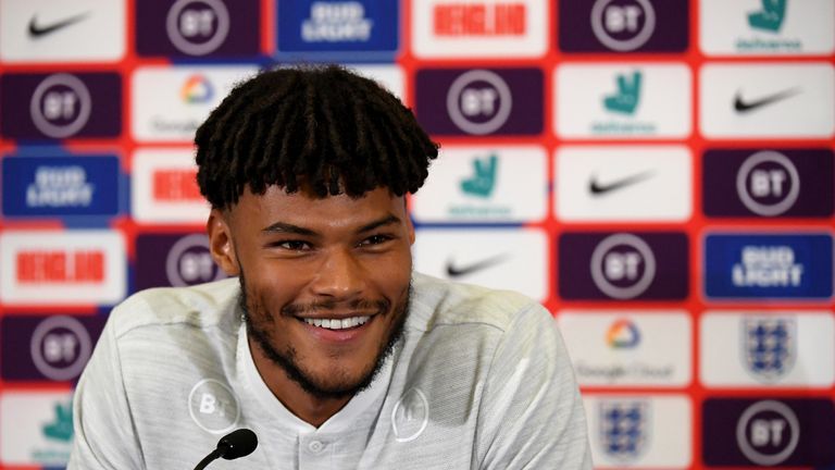 Aston Villa defender Tyrone Mings answers questions at England news conference ahead of European Qualifiers against Bulgaria and Kosovo