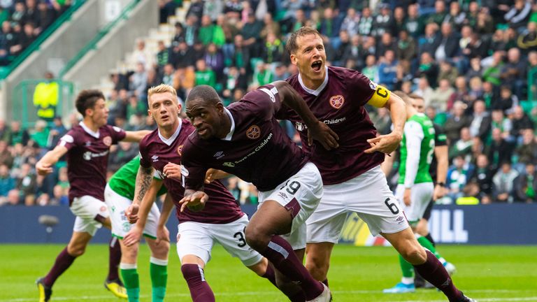 Hearts' Uche Ikpeazu celebrates his equaliser