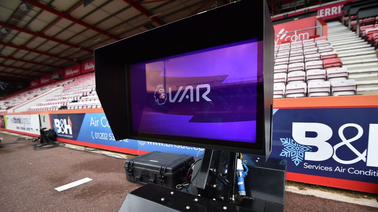 A picture shows the VAR (video assistant referee) monitor beside the pitch ahead of the English Premier League football match between Bournemouth and Sheffield United at the Vitality Stadium in Bournemouth, southern England on August 10, 2019. 