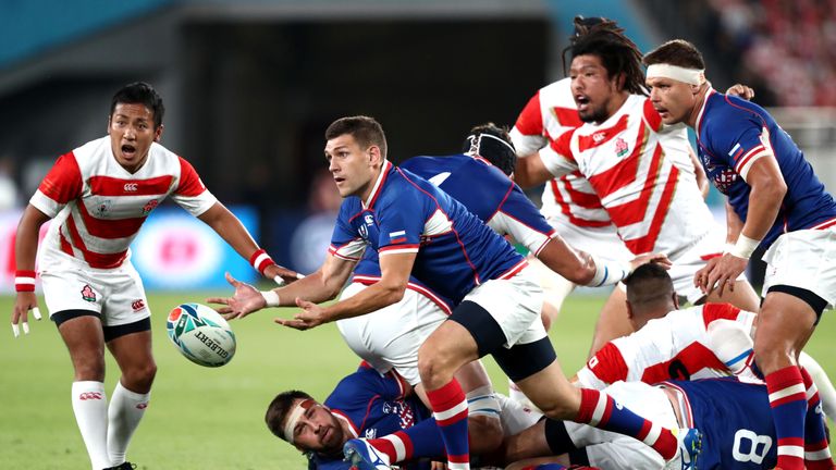 CHOFU, JAPAN - SEPTEMBER 20: Vasily Dorofeev of Russia passes the ball during the Rugby World Cup 2019 Group A game between Japan and Russia at the Tokyo Stadium on September 20, 2019 in Chofu, Tokyo, Japan. (Photo by Stu Forster/Getty Images)