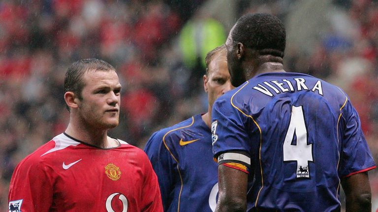 Wayne Rooney exchanges words with Patrick Vieira in October 2004 