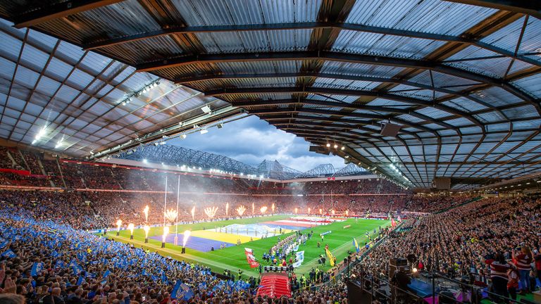 Picture by Allan McKenzie/SWpix.com - 13/10/2018 - Rugby League - Ladbrokes Challenge Cup Final - Wigan Warriors v Warrington Wolves - Old Trafford, Manchester, England - A general view, gv, of Wigan and Warrington coming onto the field of play at Old Trafford for the Betfred Super League Grand Final.
