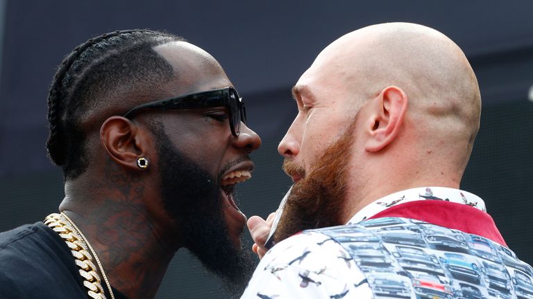 WBC Heavyweight champion Deontay Wilder and lineal heavyweight champion Tyson Fury speak to the media during the New York Press Conference at Intrepid Sea-Air-Space Museum on October 2, 2018 in New York City.
