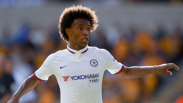 Willian of Chelsea looks on during the Premier League match between Wolverhampton Wanderers and Chelsea FC at Molineux on September 14, 2019 in Wolverhampton, United Kingdom. 