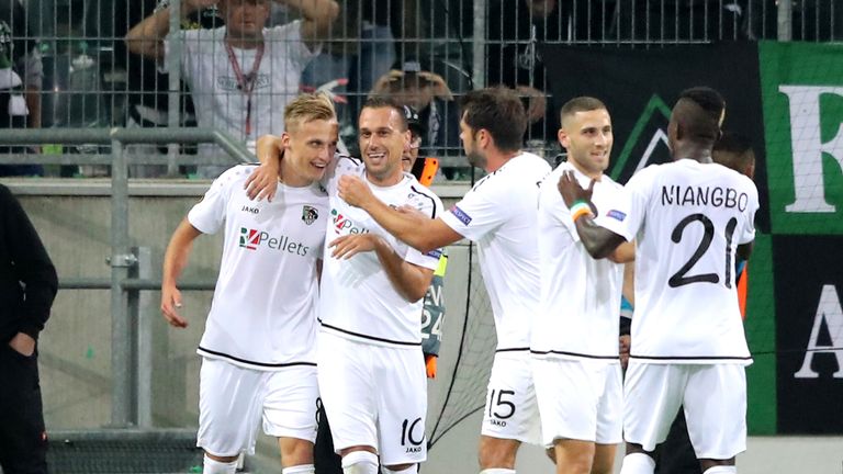 Denis Zakaria celebrates after scoring in Wolfsberger's 4-0 win at Gladbach