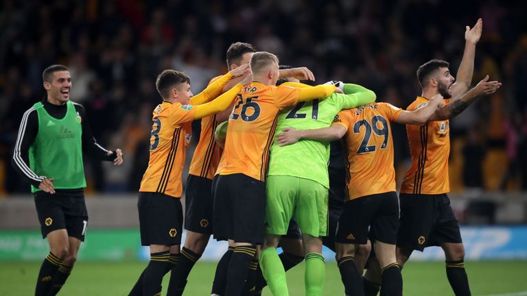 Wolverhampton Wanderers celebrate victory during the Carabao Cup, Third Round match at Molineux